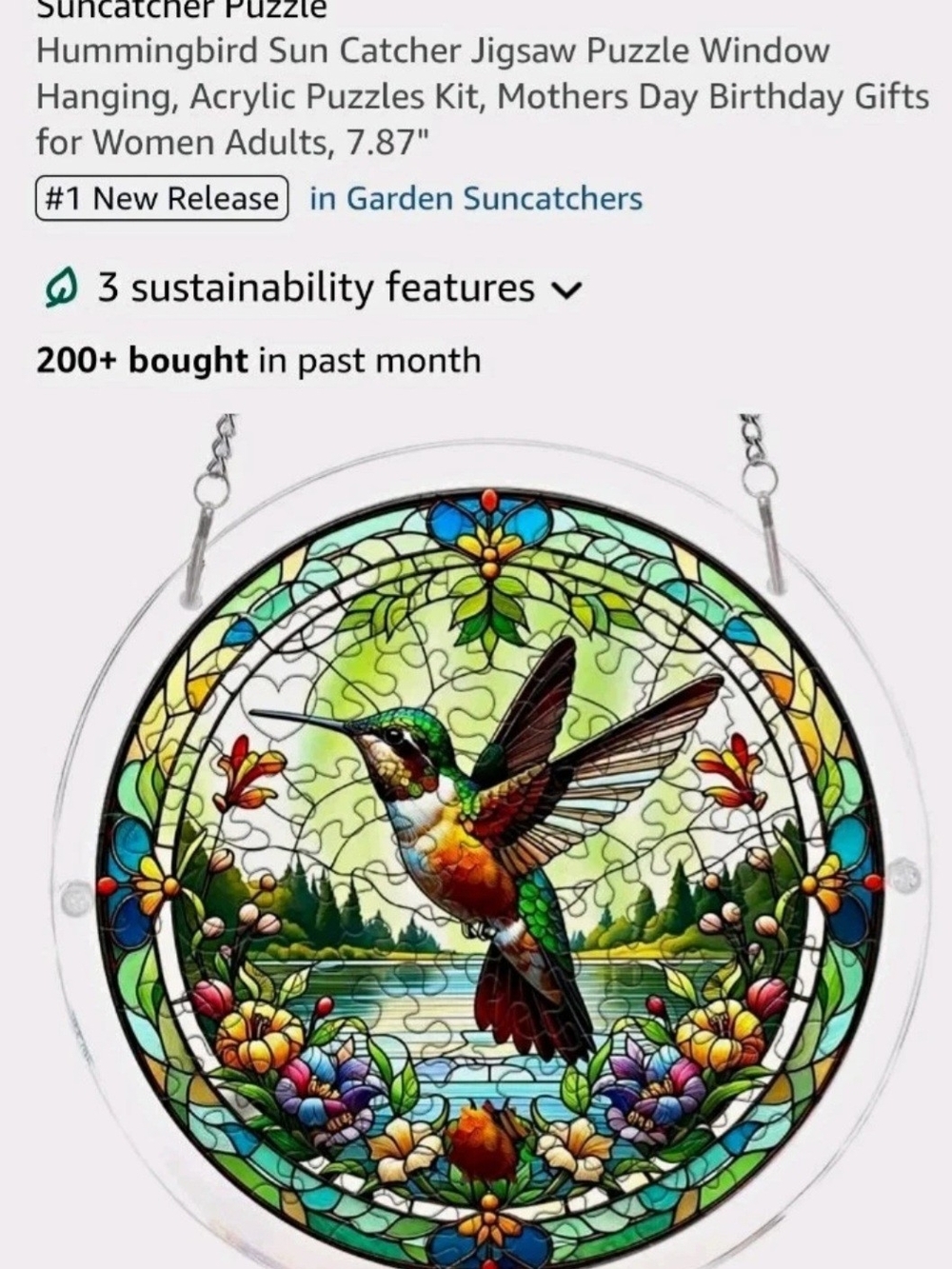 Jigsaw Puzzle Hummingbird Stained-Glass Style Suncatcher - Multicolor